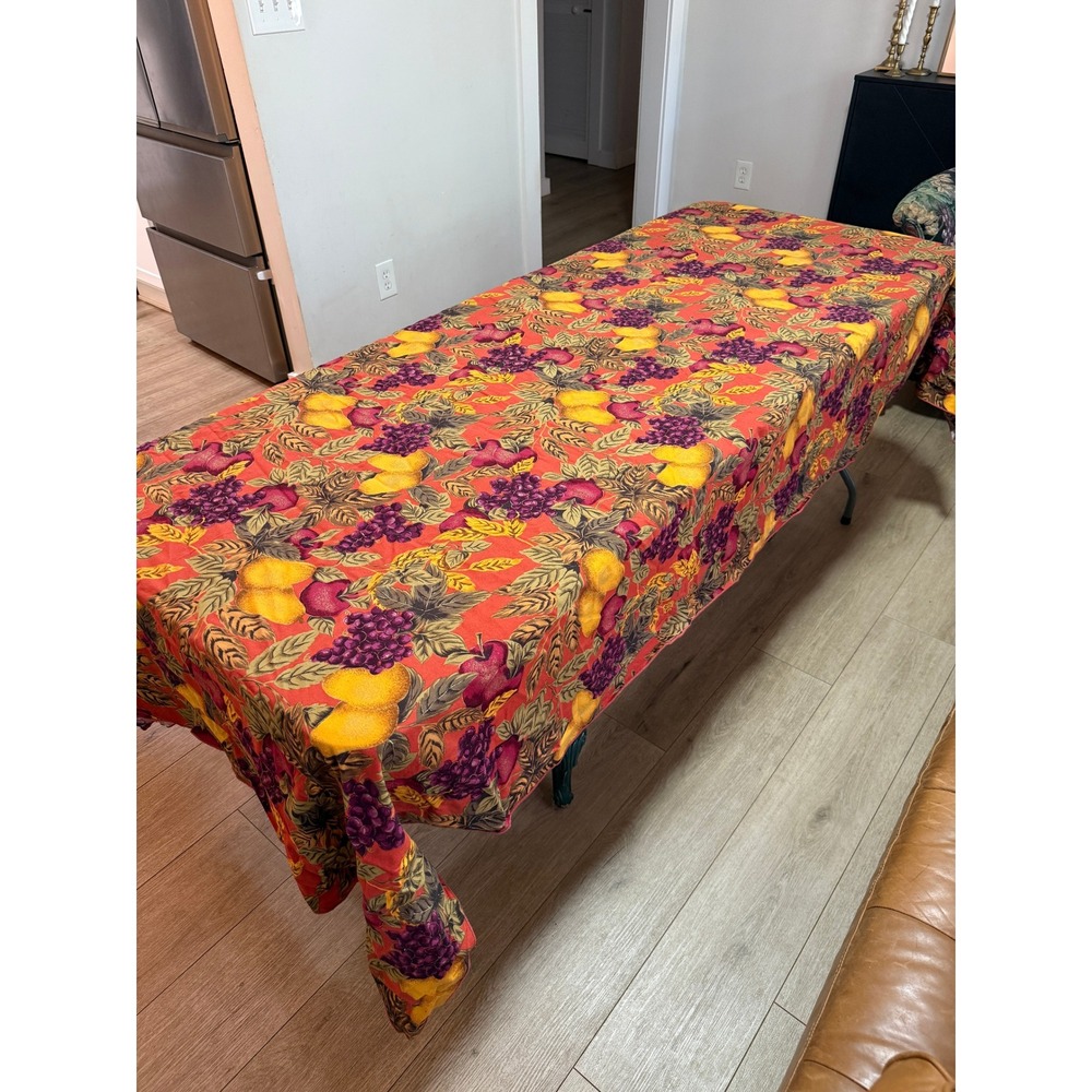 Vintage Fruit Print Tablecloth Apples Grapes Cottagecore 100" x 56"